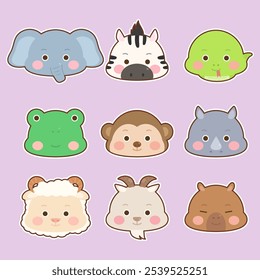 Conjunto de caras de animales lindos simbolos elefante cebra serpiente rana mono rinoceronte oveja cabra capibara, Ilustración vectorial