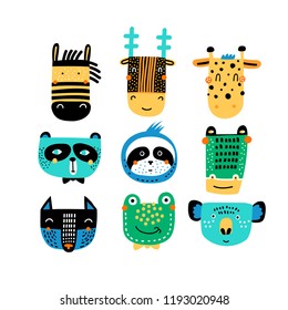 Set of cute animal faces. Vector Illustration. Scandinavian design.