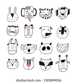 Set of cute animal faces. Vector Illustration. Doodle style.