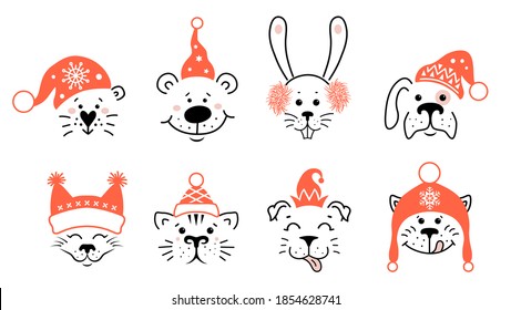 Set of cute animal faces in winter hats. Heads of funny Christmas baby animals isolated on white background in cartoon style. Vector scandinavian kids illustration. New Year and Christmas card.