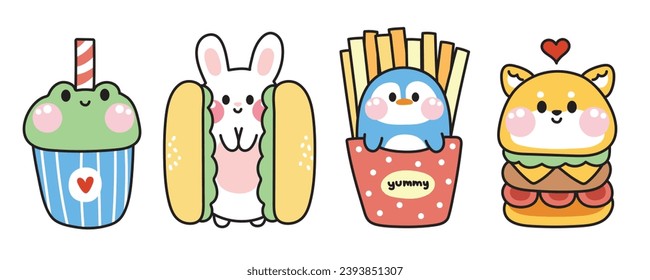 Set of cute animal in fast food concept.Food collection.Cartoon character design.Drink,hot dog,hamburger,fresh fried hand drawn.Frog.Rabbit.Penguin.Shiba inu dog.Kawaii.Vector.Illustration.