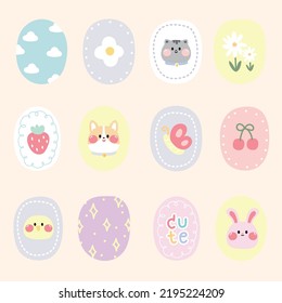 Set of cute animal and flower cartoon in oval.Pastel color.Image for card,sticker,note.Kawaii.Vector.Illustration.