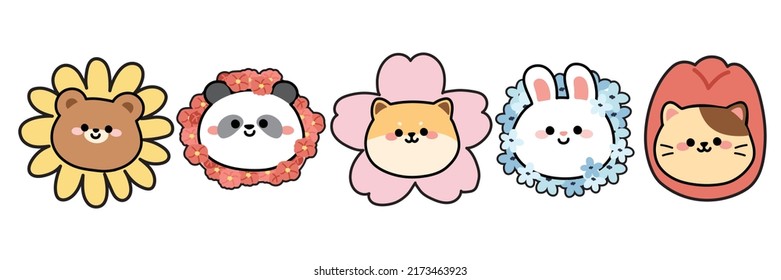 Set cute animal and flower head costume Funny animal character design collection Summer Nature Kawaii Vector Illustration 