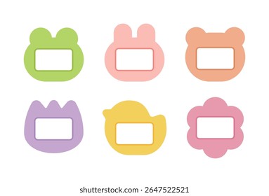 Um conjunto de bonitos rótulos de nomes de animais e flores. Inclui caracteres pastel coloridos de rã, coelho, urso, pintinho e flor. Perfeito para etiquetas de nome, etiquetas, adesivos e scrapbooks das crianças.