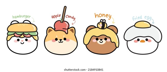 Set of cute animal with food on head.Funny cartoon character design collection.Rabbit,shiba inu dog,bear,hen face hand drawn.Kawaii.Vector.Illustration.