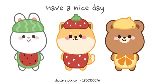 Set of cute animal in fruit costume hand drawn.Cartoon character design.Animal.Rabbit,dog,bear.Water melon,strawberry,lemon.Image.Kid graphic.Isolated.Art.Sticker.Kawaii.Vector.Illustration.