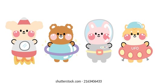 Set of cute animal in galaxy costume concept.Cartoon character design.Kid graphic.Dog,shiba inu,rabbit,bear hand drawn.Kawaii.Vector.Illustration.