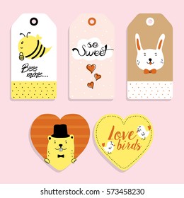 Set of cute animal gift tags template for Valentine's Day. Vector illustration. 