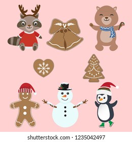Set of cute animal, gingerbread cartoon christmas character illustration