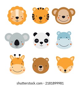 Set with cute animal giraffe, lion, tiger, monkey, fox, deer, bear, panda, hippo and koala on a white background. Vector illustration for printing on fabric, wrapping paper, clothing. Cute baby 