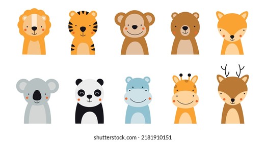 Set with cute animal giraffe, lion, tiger, monkey, fox, deer, bear, panda, hippo and koala on a white background. Vector illustration for printing on fabric, wrapping paper, clothing. Cute baby