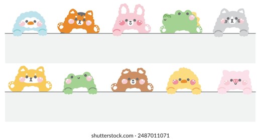 Set of cute animal greeting and stay on the wall .Animals character cartoon design.Penguin,cat,rabbit,bear,frog.Image for card and poster.Banner.Sticker.Kawaii.Vector.Illustration.