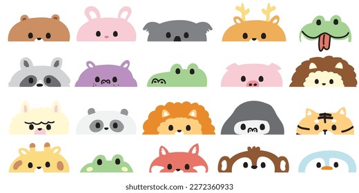 Set of cute animal half of head on white background.Wild and farm animal character design.Cartoon design.Kawaii.Vector.Illustration. 