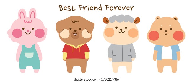 Set of cute animal hand drawn on white background.Rabbit,bear,sheep,dog doodle.Cartoon character design.Best friend forever text.Kawaii.Vector.Illustration.