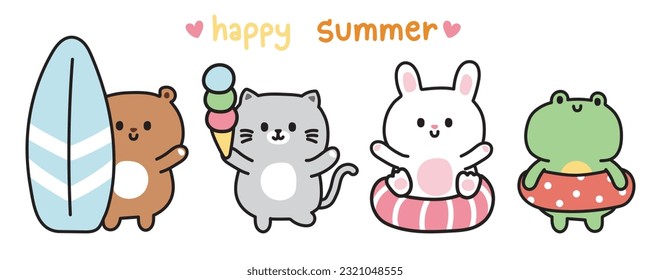 Set of cute animal in happy summer concept.Sea and beach.Bear,cat,rabbit,frog hand drawn.Kid graphic.Kawaii.Vector.Illustration.