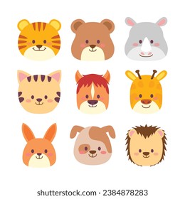 Set of Cute Animal Head Cartoon. Wildlife Avatar Emoji with Tiger, Bear, Rhino, Cat, Horse, Giraffe, Rabbit, Dog and Porcupine Collection. Fauna Flat Style Icon Vector Illustration