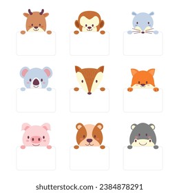 Set of Cute Animal Head Cartoon Empty Text Box Banner. Wildlife Avatar Emoji with Deer, Rhino, Bear, Pig, Fox, koala, rat and monkey Collection. Fauna Flat Style Icon Vector Illustration