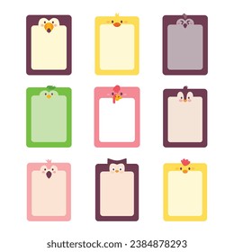 Set of Cute Animal Head Cartoon. Empty Text Box Banner. Wildlife Avatar Emoji with Flamingo,  Black Bird, Chicken, Chick, Owl, Turkey, Penguin Collection. Fauna Flat Style Icon Vector Illustration
