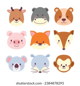 Set of Cute Animal Head Cartoon. Wildlife Avatar Emoji with Deer, Rhino, Bear, Pig, Fox, koala, rat and monkey Collection. Fauna Flat Style Icon Vector Illustration