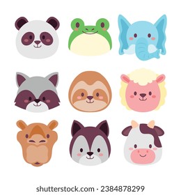 Set of Cute Animal Head Cartoon. Wildlife Avatar Emoji with Wolf, Elephant, Sheep, Cow, Slow Loris, Panda, Racoon, Camel and Frog. Collection. Flat Style Icon Vector Illustration