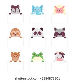 Juego de caricaturas de la cabeza de animal, cartel de caja de texto vacío. Avatar Emoji de vida silvestre con colección de lobo, elefante, oveja, vaca, loris lento, panda, racoon, camello, rana y vaca. Ilustración de iconos de estilo plano