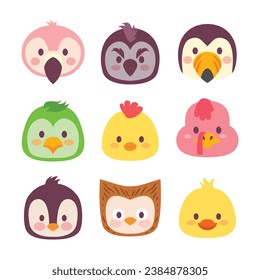 Set of Cute Animal Head Cartoon. Wildlife Avatar Emoji with Flamingo,  Black Bird, Chicken, Chick, Owl, Turkey, Penguin Collection. Fauna Flat Style Icon Vector Illustration
