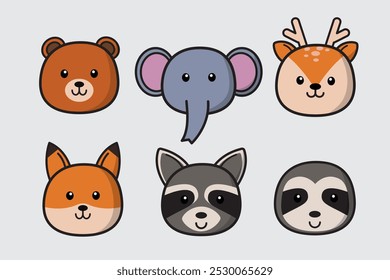 Conjunto de cabeça de animal bonito, coleção de cara de animal de desenhos animados, animais selvagens bonitos e amigáveis em estilo de desenho de linha, com urso, elefante, veado, raposa, guaxinim, preguiça. Ilustração de design de vetor.
