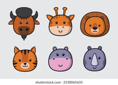 Set of cute animal head, Cartoon animal face collection, Cute and friendly wild animals in line drawing style, with bison, giraffe, lion, tiger, hippopotamus, rhinoceros. Vector design illustration.
