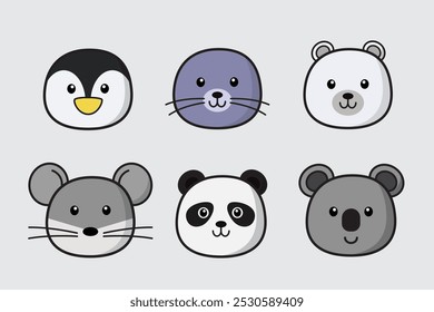 Set of cute animal head, Cartoon animal face collection, Cute and friendly wild animals in line drawing style, with penguin, seals, polar bear, mouse, panda, koalas. Vector design illustration.
