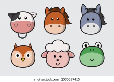 Conjunto de cabeça de animal bonito, Cartoon rosto animal, animais selvagens bonitos e amigáveis estilo de desenho, com vaca, cavalo, burro, coruja, ovelha, rã. Ilustração de design de vetor.
