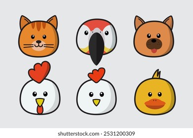 Conjunto de cabeça de animal bonito, Cartoon rosto animal, animais selvagens bonitos e amigáveis estilo de desenho, com gato, papagaio, cão, galo, galinha, pato. Ilustração de design de vetor.                               
