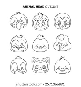 Set of Cute Animal Head Cartoon outline doodle. Wildlife Avatar Emoji with Flamingo,  Black Bird, Chicken, Chick, Owl, Turkey, Penguin Collection. Fauna Line Art Style Icon Vector Illustration