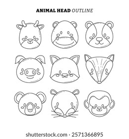 Set of Cute Animal Head Cartoon outline doodle. Wildlife Avatar Emoji with Deer, Rhino, Bear, Pig, Fox, koala, rat and monkey Collection. Fauna Line Art Style Icon Vector Illustration