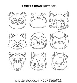 Set of Cute Animal Head Cartoon outline doodle.Wildlife Avatar Emoji with Wolf, Elephant, Sheep, Cow, Slow Loris, Panda, Racoon, Camel and Frog Collection.Fauna Line Art Style Icon Vector Illustration