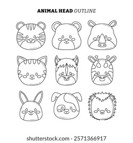 Set of Cute Animal Head Cartoon outline. Wildlife Avatar Emoji with Tiger, Bear, Rhino, Cat, Horse, Giraffe, Rabbit, Dog and Porcupine Collection. Fauna Line Art Style Icon Vector Illustration