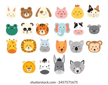 conjunto de linda Ilustración vectorial de cabeza de animal