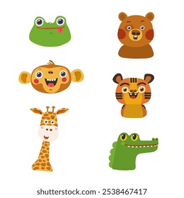 Conjunto de ilustração de vetor cabeça animal bonito girafa, urso, macaco, tigre, sapo, crocodilo