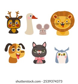 Set of cute animal head vector illustration deer, goose, mouse, lion, dog, cat, owl