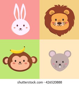 Set of Cute Animal Head. Vector illustration set of rabbit, lion, monkey and mouse's head in colorful background.