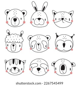 Set of cute animal heads. Cartoon zoo. Collection of cute animal characters in doodle style. Vector illustration for your design