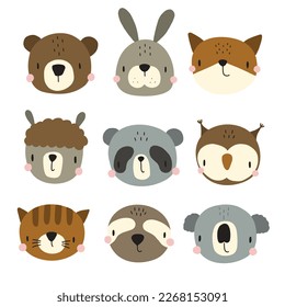 Set of cute animal heads. Cartoon zoo. Collection of cute animal characters in boho style. Vector illustration for your design