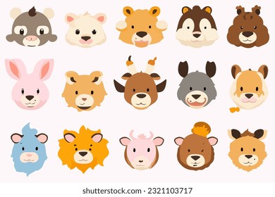 Set of cute animal heads. Cartoon zoo. Collection of cute animal characters in cartoon style. Giraffe, rabbit, bear, monkey, hippo, sheep, pig, lion, penguin, tiger, donkey, frog, fox, deer. Vector.
