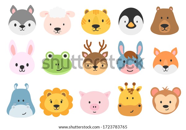 Set of cute animal heads. Cartoon zoo. Collection of\
cute animal characters in cartoon style. Giraffe, rabbit, bear,\
monkey, hippo, sheep, pig, lion, penguin, tiger, donkey, frog, fox,\
deer. Vector. 