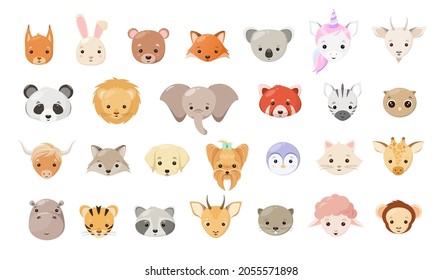 A set of cute animal heads on a white background. Cartoon style.