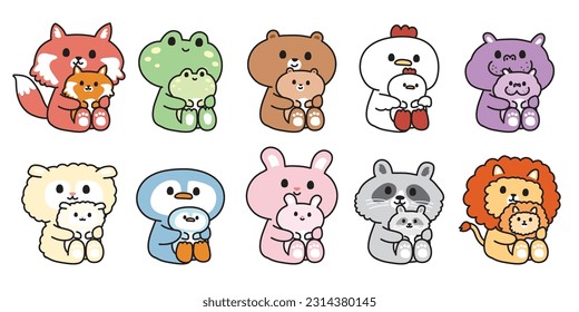 Conjunto de animales adorables sostienen a los bebés sentados sobre fondo blanco. Diseño de caricaturas de dibujos animados para animales salvajes, animales de compañía. Isolación. Ropa para bebés. Kawaii.Vector.Ilustración.