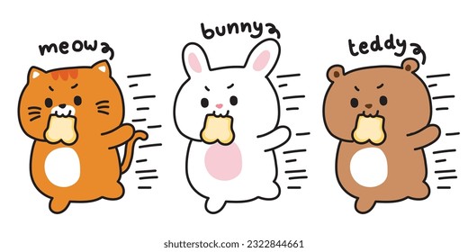 Set of cute animal hold bread in the mouth and running because time late.Inspiration from japanese anime character.Rabbit,bear,cat hand drawn.Kawaii.Vector.Illustration.