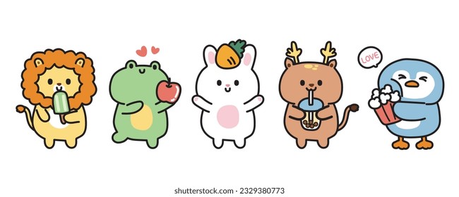 Set of cute animal hold food in various poses on white background.Lion,frog,rabbit,deer,penguin hand drawn.Wild and pet animals character cartoon design.Kawaii.Vector.Illustration.