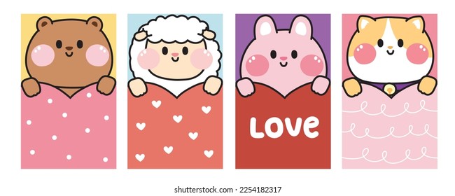 Set of cute animal hold heart on colorful background.Animal character design collection.Bear,sheep,rabbit,cat cartoon.Valentines day.Sweet.Kawaii.Vector.Illustration.