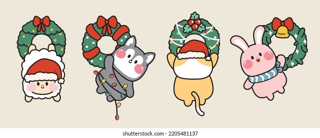 Set of cute animal with holly in funny character poses.Pet cartoon hand drawn.Merry christmas.Winter.Holiday.Festival.Kawaii.Vector.Illustration.