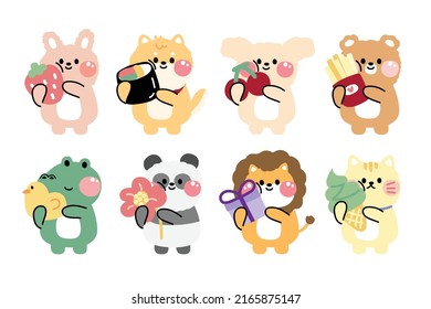 Set of cute animal hug object on white background.Character design.Rabbit,dog,bear,crocodile,panda,lion,cat hand drawn.Image for card,poster,baby clothing.Isolated.Kawaii.Vector.Illustration.